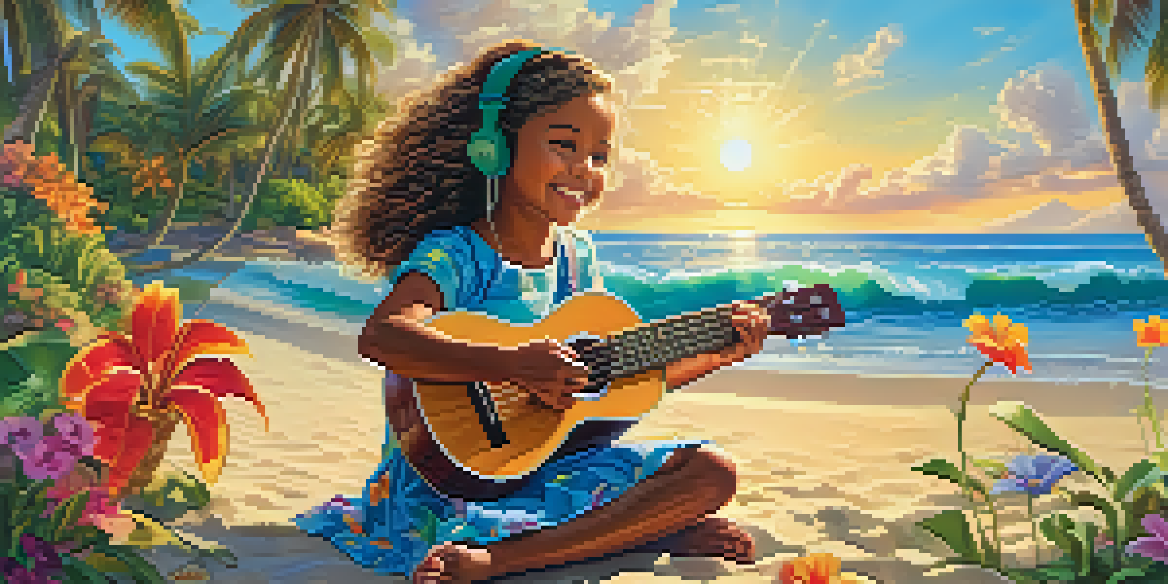 A young girl sitting on a beach playing a ukulele with palm trees and ocean in the background.