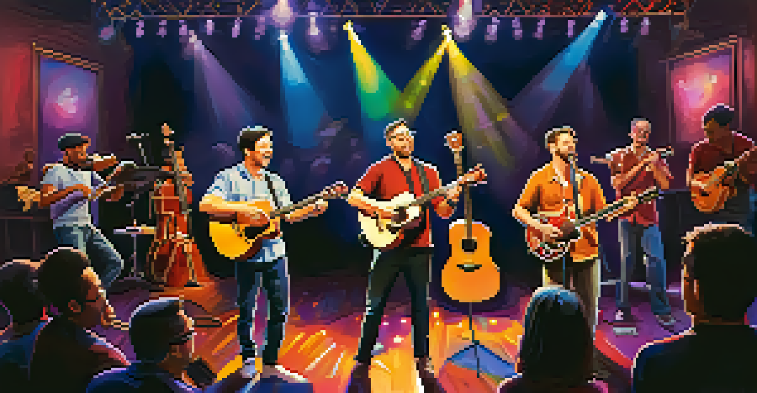 Musicians performing live with a ukulele, guitar, and drums, surrounded by an engaged audience and colorful stage lights.