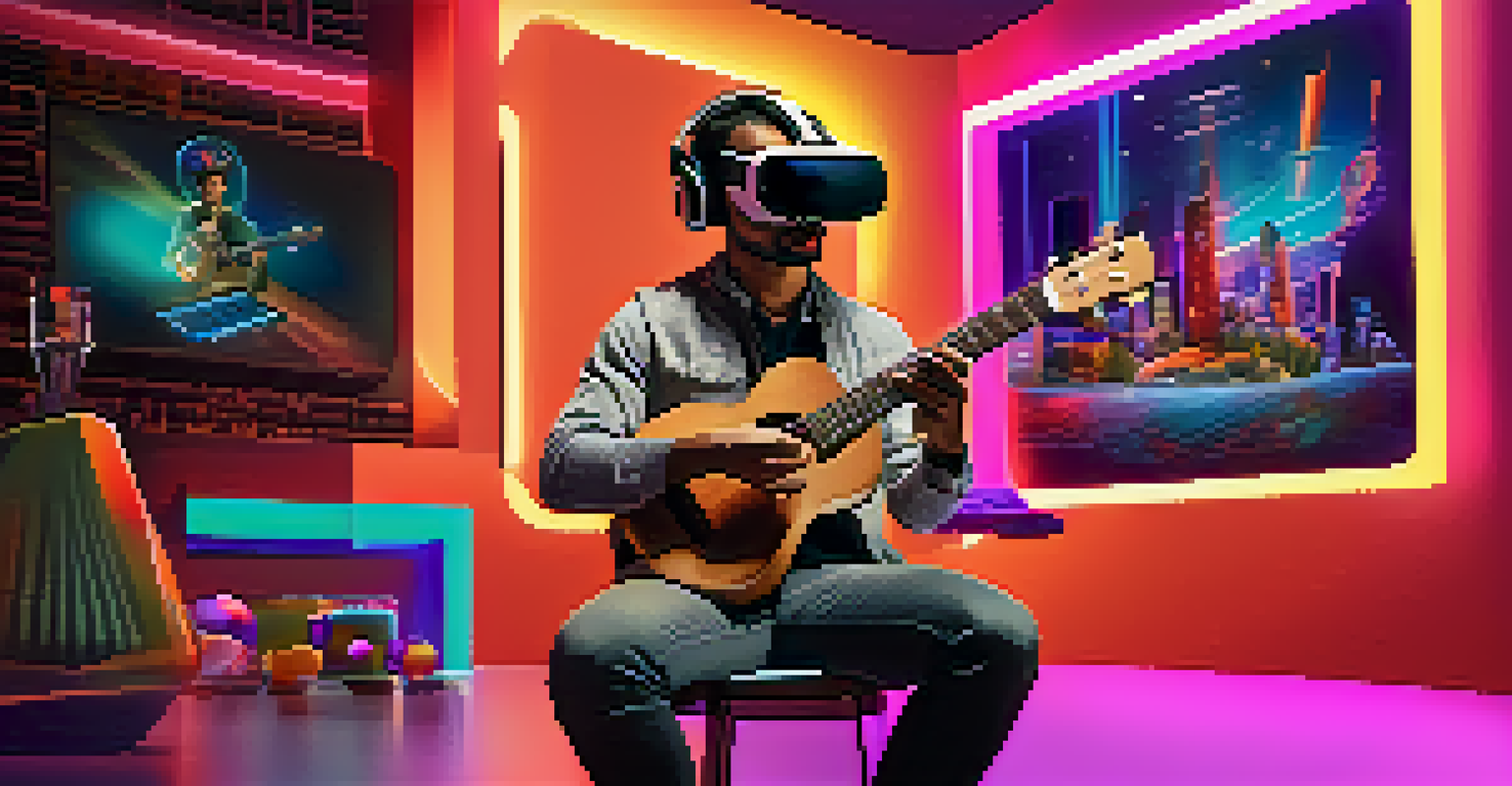 A student engaging in a virtual reality ukulele lesson with a holographic instructor, showcasing an innovative learning environment.