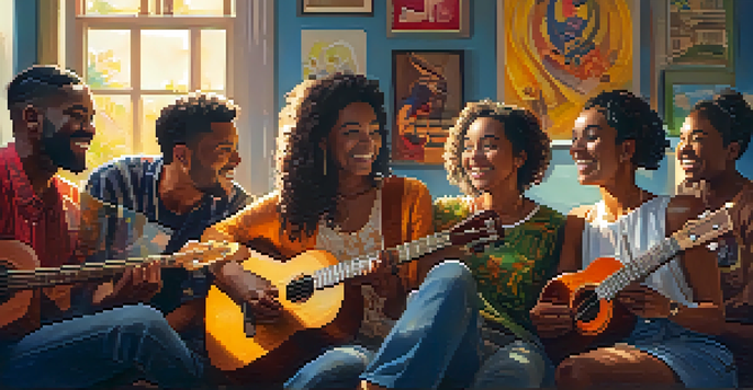 A diverse group of people playing ukuleles together in a bright room, smiling and enjoying their music.