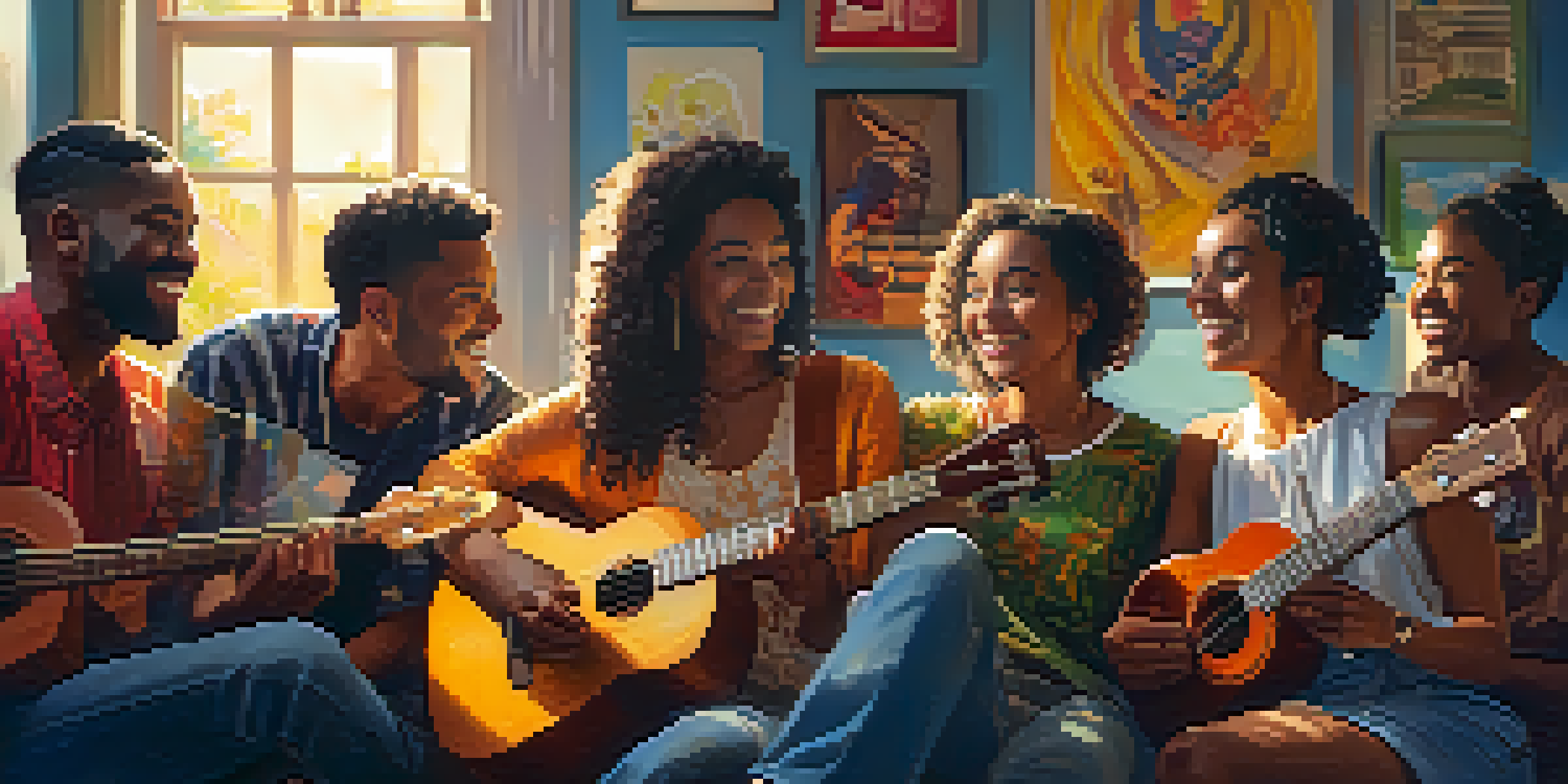 A diverse group of people playing ukuleles together in a bright room, smiling and enjoying their music.