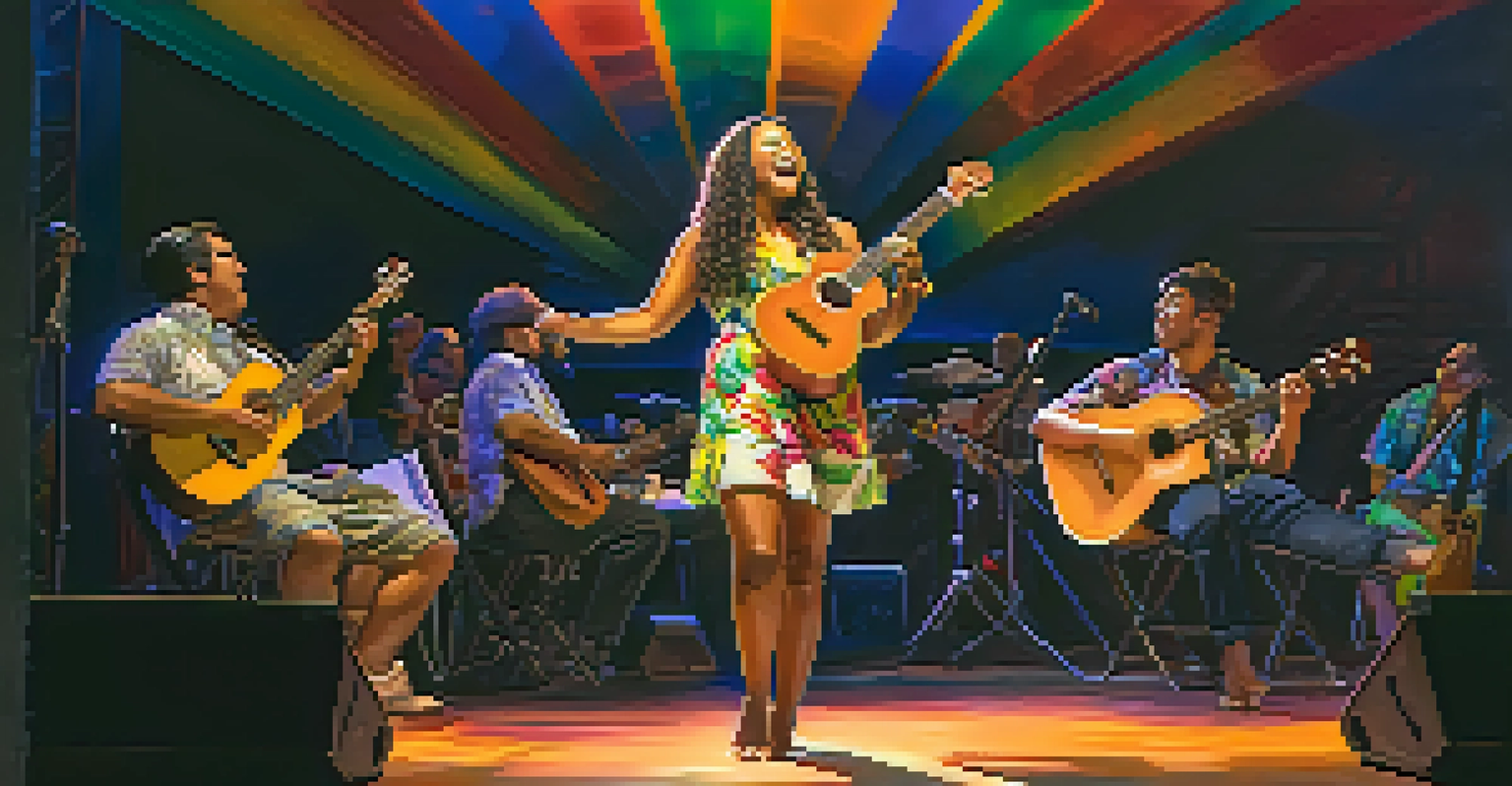 Taimane Gardner performing on stage with her ukulele, engaging an enthusiastic audience.