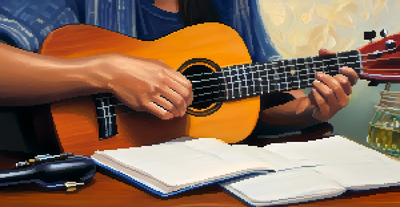 Close-up of hands strumming a ukulele with a notebook and pen beside it, in a warm and inviting setting.
