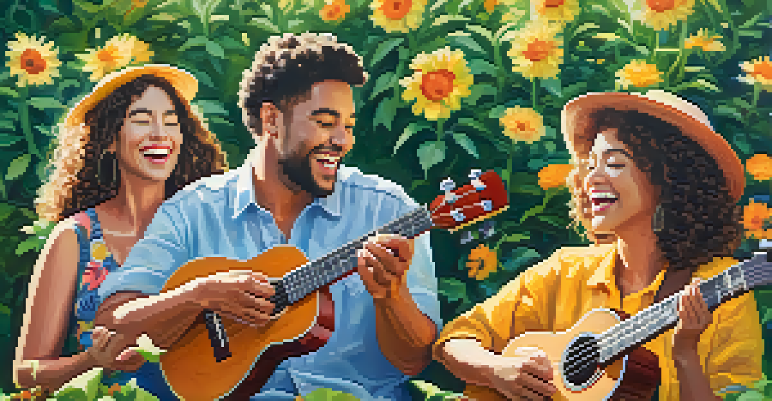 A group of friends playing ukuleles in a sunny park.