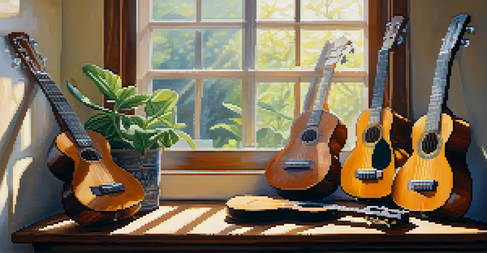 A cozy room with ukuleles on a table, surrounded by sheet music and a plant, illuminated by sunlight.