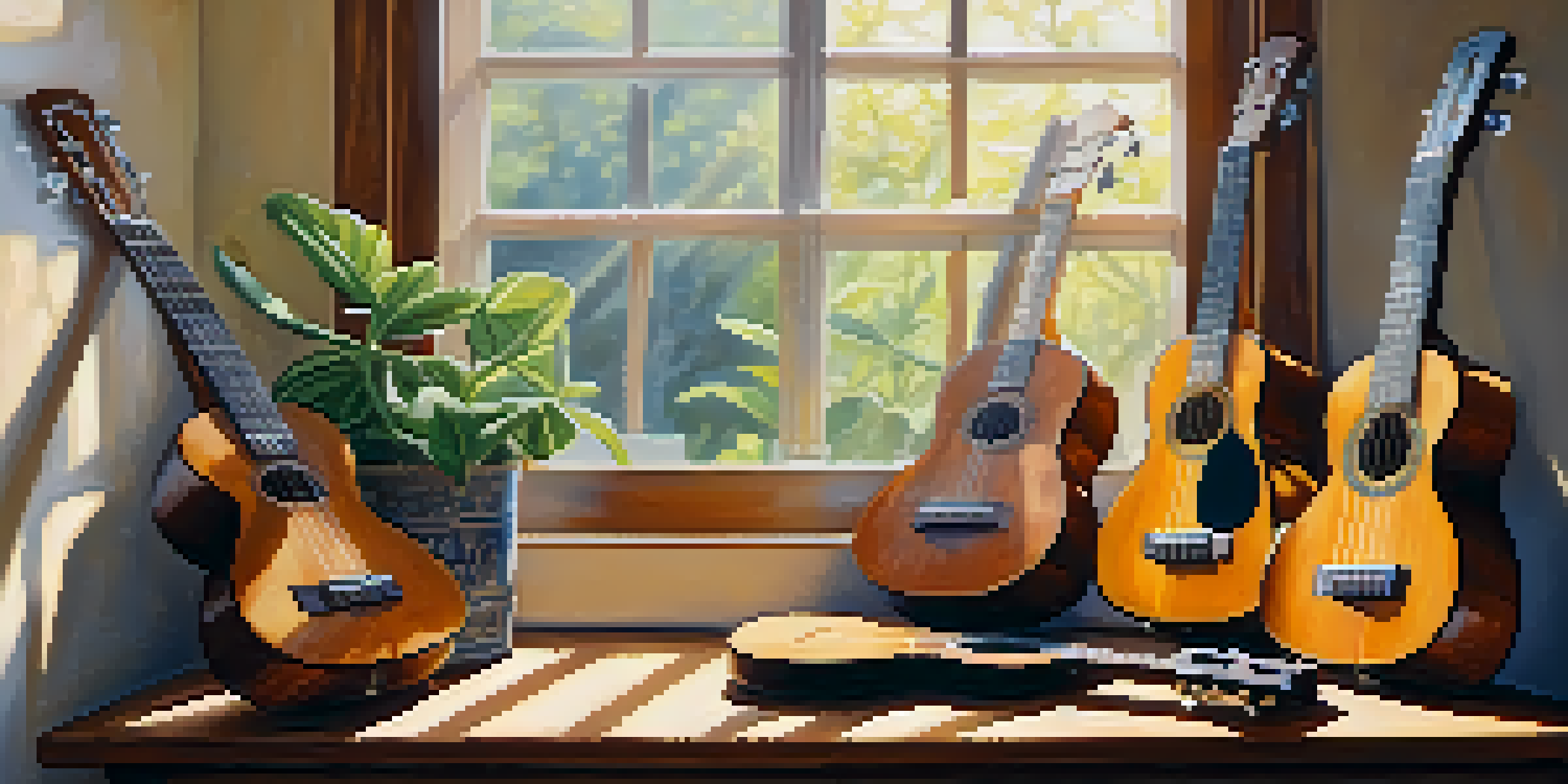 A cozy room with ukuleles on a table, surrounded by sheet music and a plant, illuminated by sunlight.