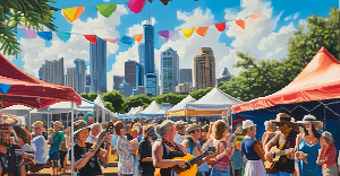 A lively ukulele festival in Brisbane with people playing ukuleles and bright decorations under a sunny sky.