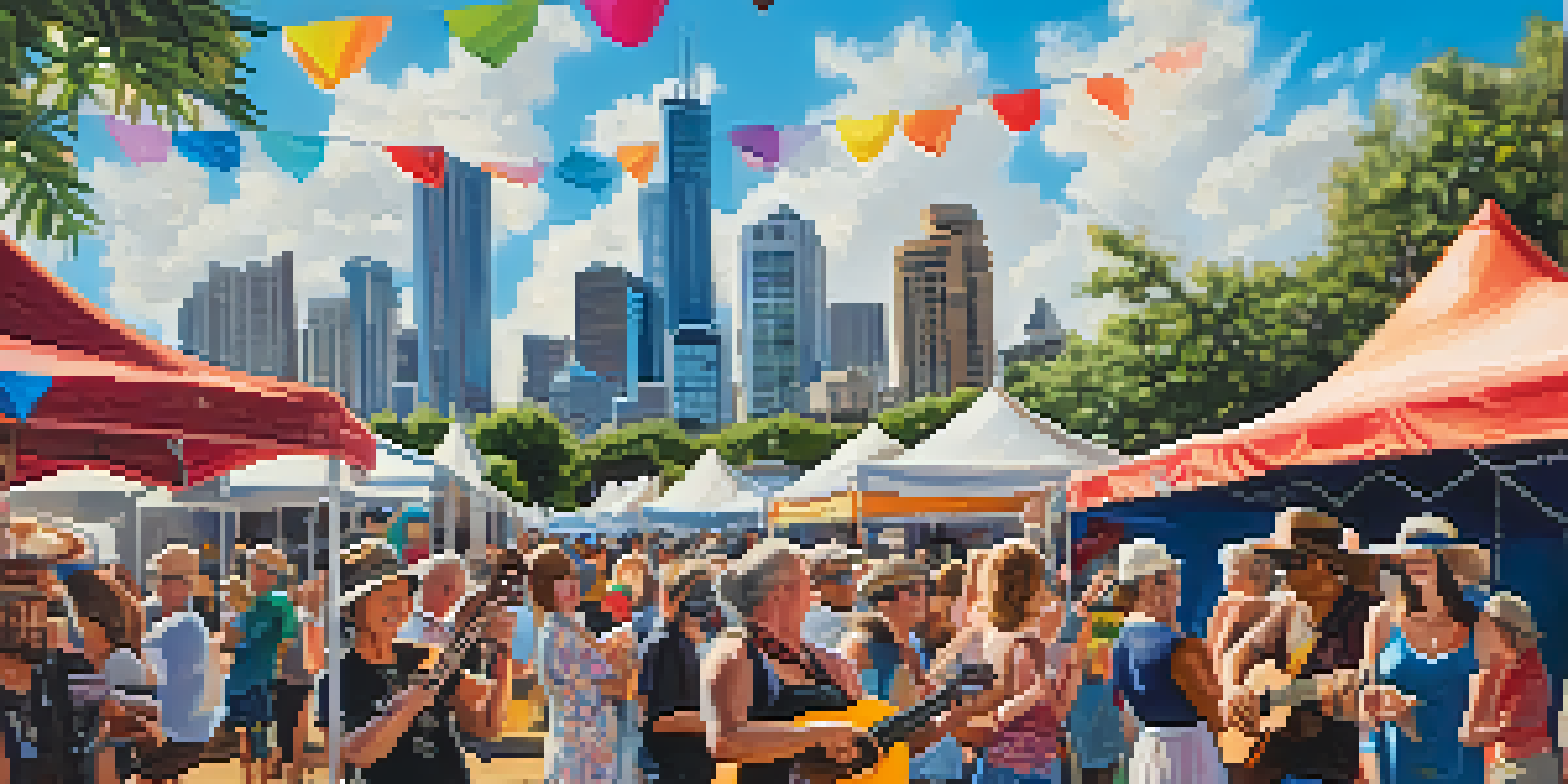 A lively ukulele festival in Brisbane with people playing ukuleles and bright decorations under a sunny sky.