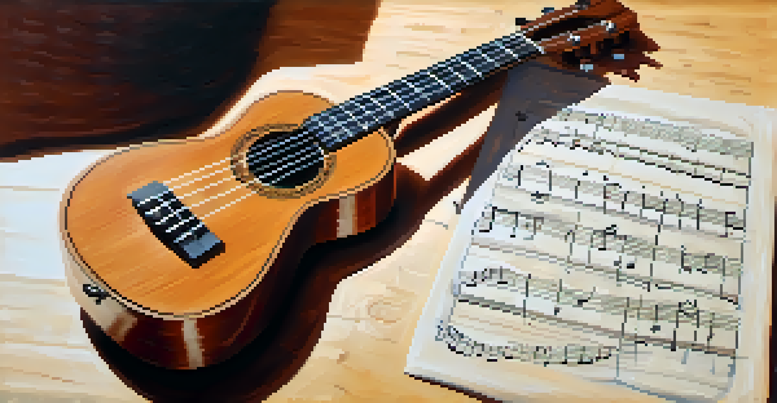 A close-up of a hand playing a ukulele, focusing on the strings and the polished wood finish with musical notes in the background.