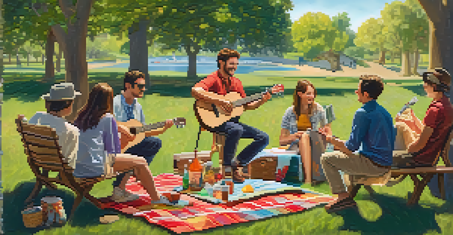A group of friends enjoying a picnic while one person plays the ukulele in a bright park.