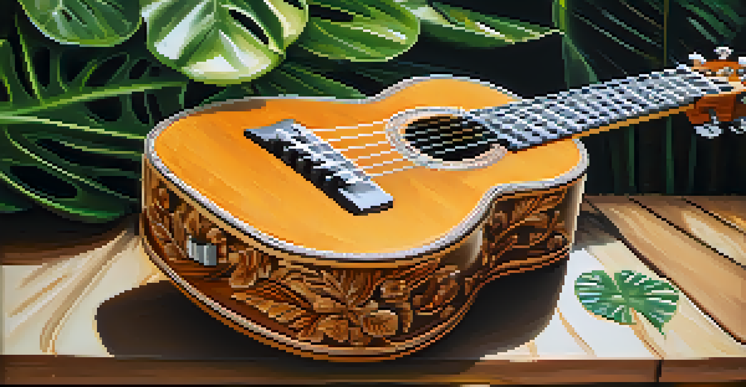 A close-up of a beautifully crafted ukulele with floral carvings on a wooden table, illuminated by soft natural light.