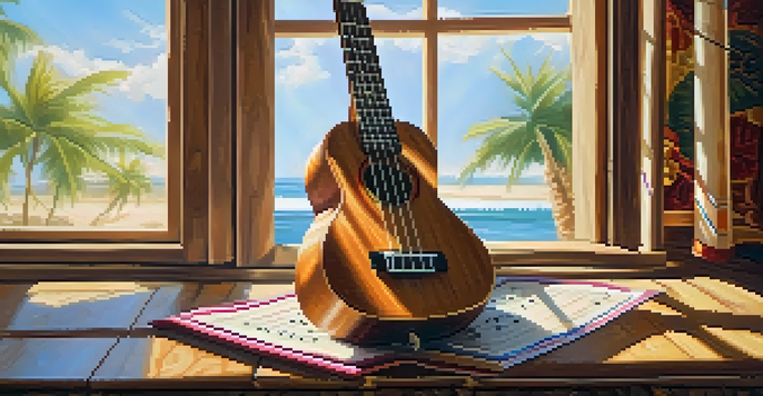 A close-up of a ukulele on a wooden table with sunlight and colorful music notes around it.