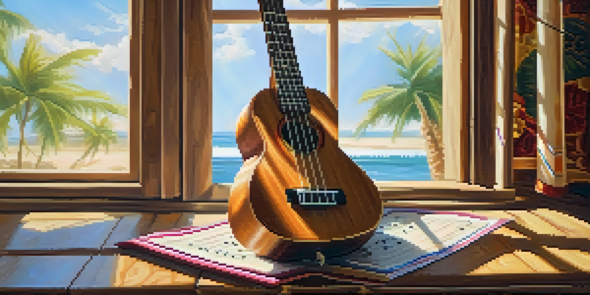 A close-up of a ukulele on a wooden table with sunlight and colorful music notes around it.