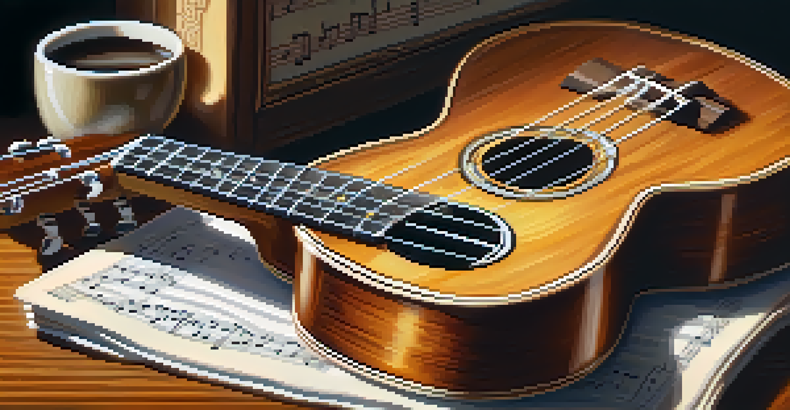 A close-up of a ukulele on a table with sheet music and coffee, illuminated by warm sunlight.