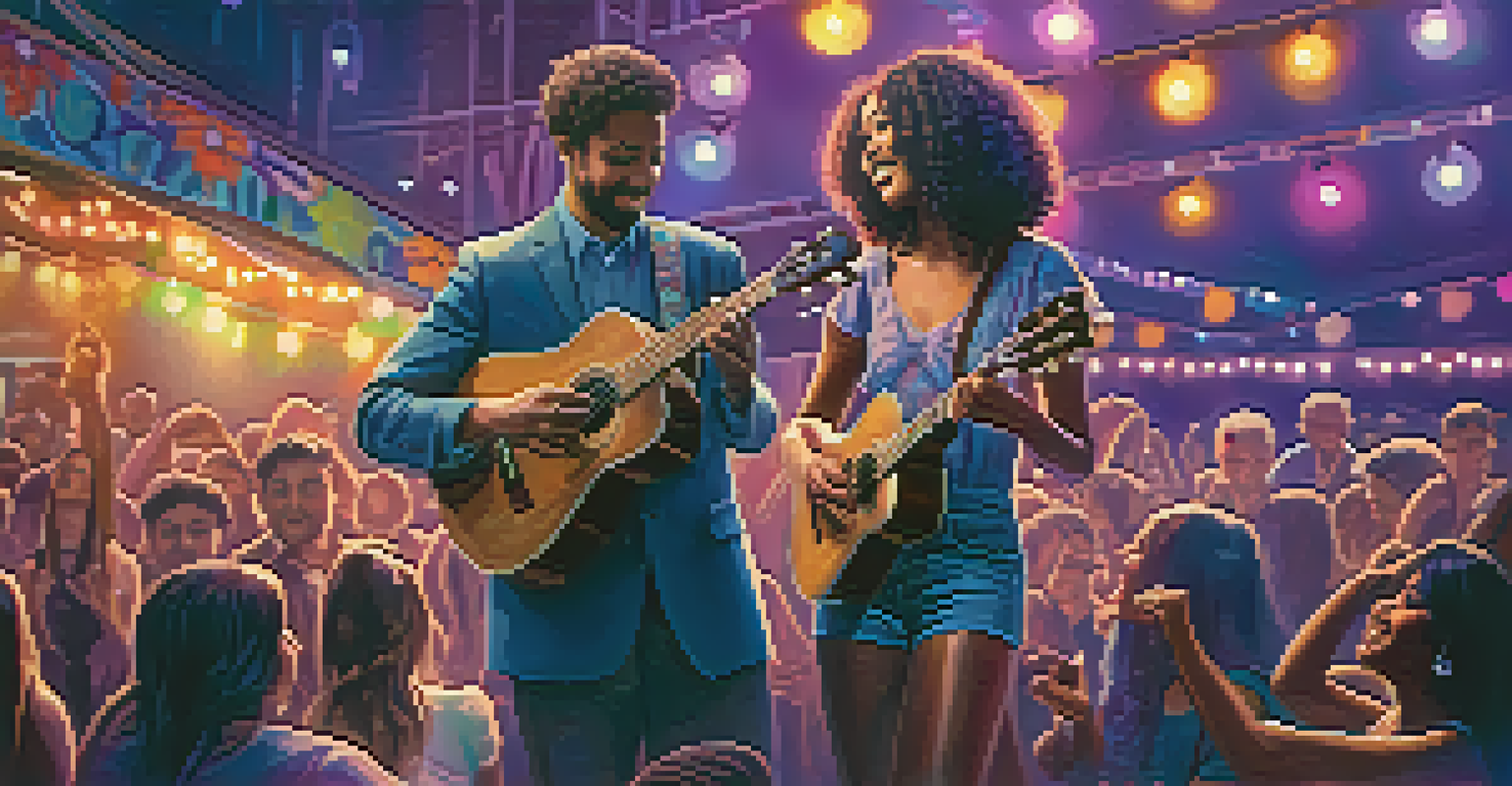 A young woman performing on stage with a ukulele, surrounded by colorful lights and a captivated audience.