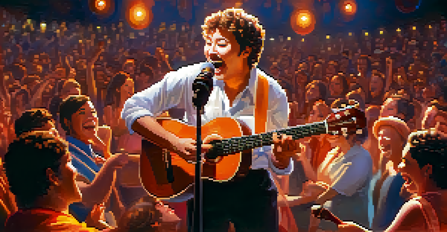 A performer with a ukulele engaging the audience on stage, surrounded by bright lights and a vibrant atmosphere.