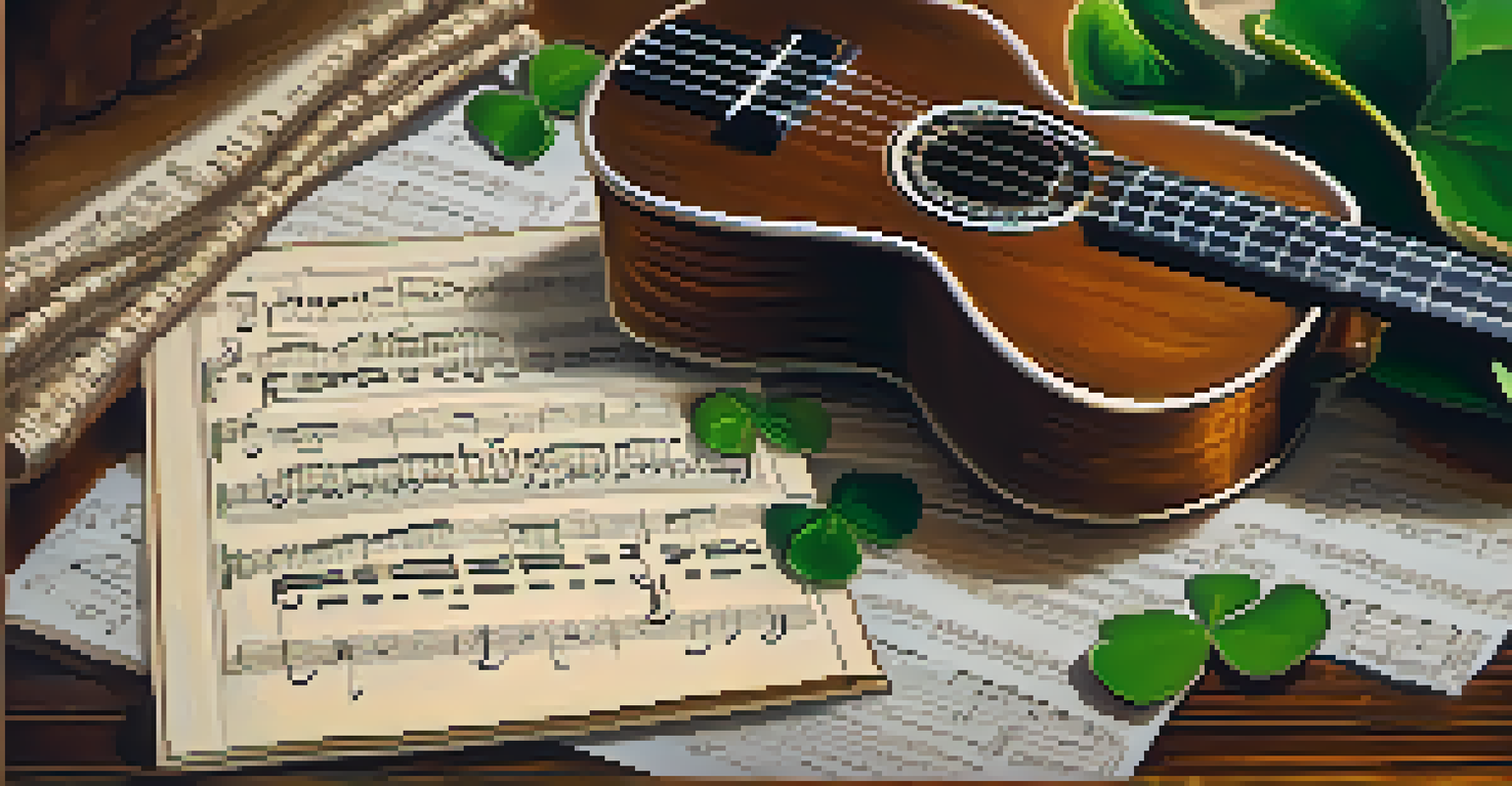 A close-up of a ukulele on a wooden table next to a music sheet of an Irish folk song, with a cup of tea and a shamrock nearby.