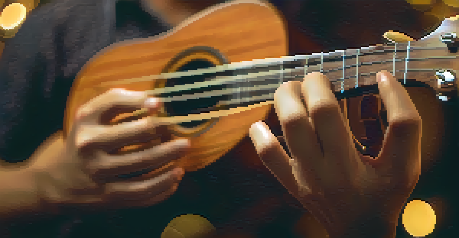 Close-up of hands playing a ukulele with warm blurred lights in the background.