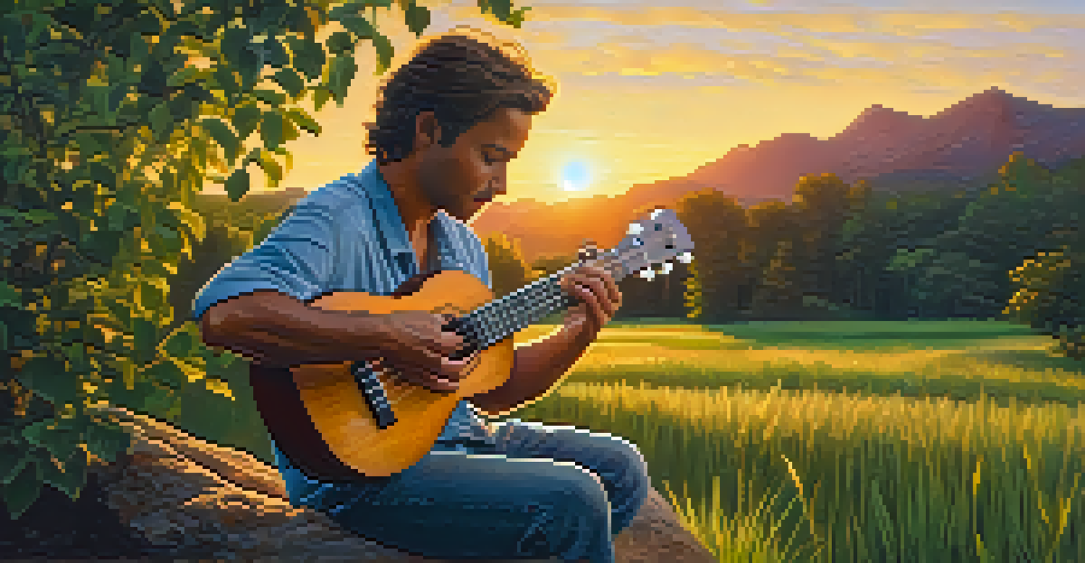A musician playing a ukulele outdoors at sunset, surrounded by greenery and a colorful sky.