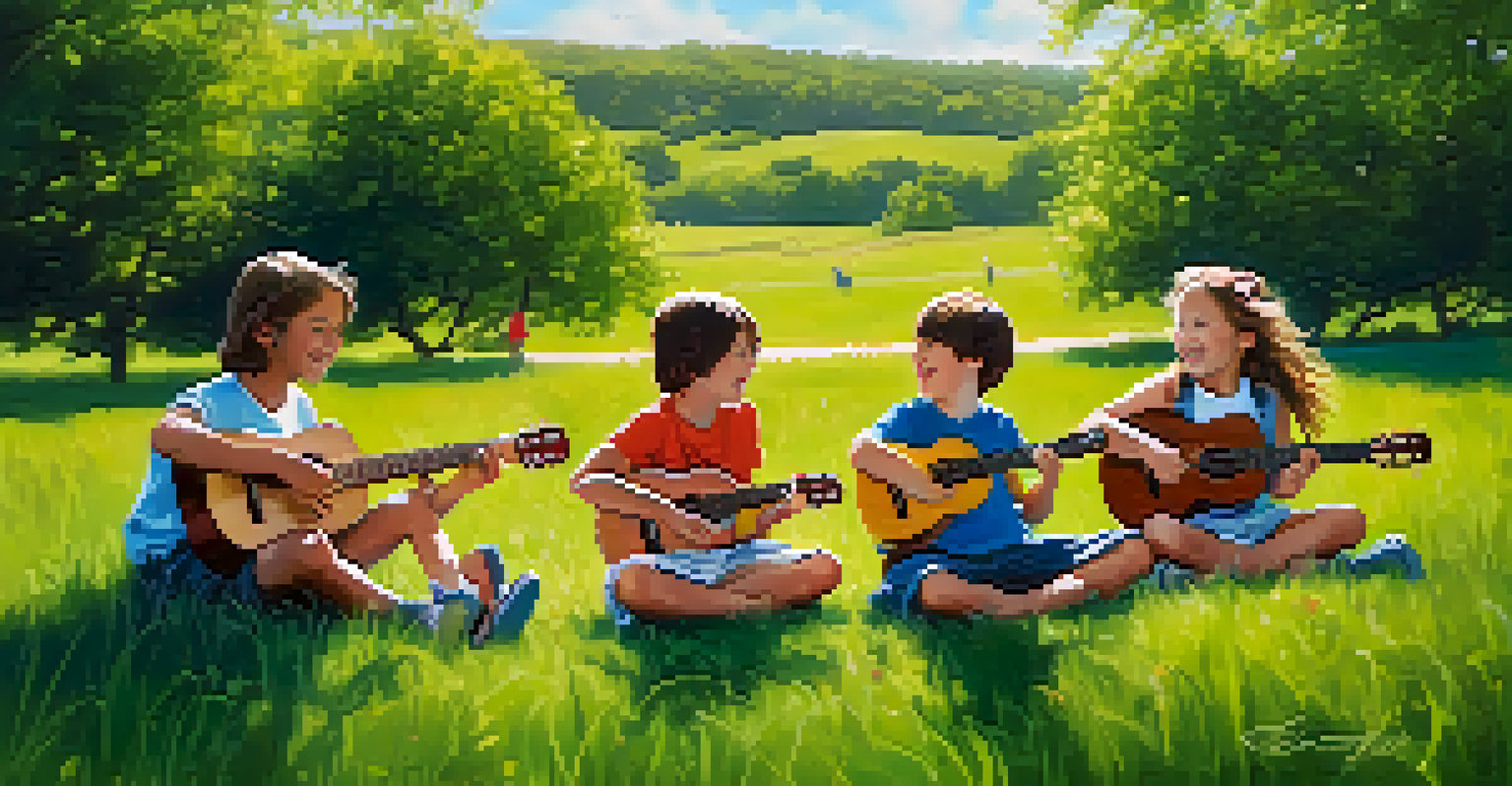 Children gathered in a circle outdoors, joyfully playing ukuleles together under a blue sky.