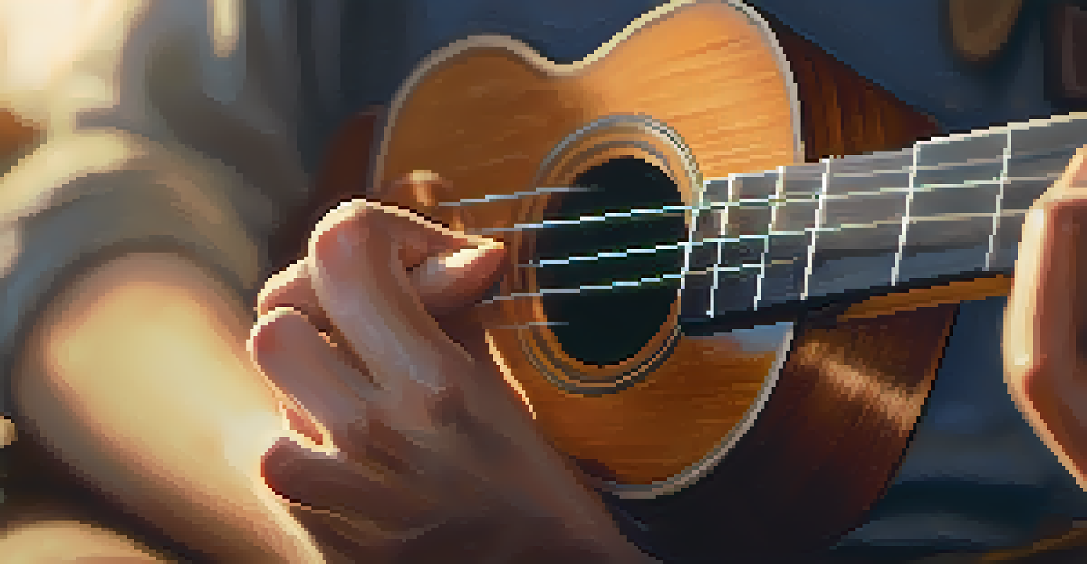 Close-up of hands playing a ukulele, showcasing the strings and frets in warm sunlight.