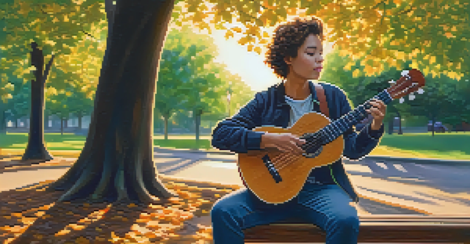 A person playing a ukulele on a park bench during sunset, surrounded by trees and leaves.