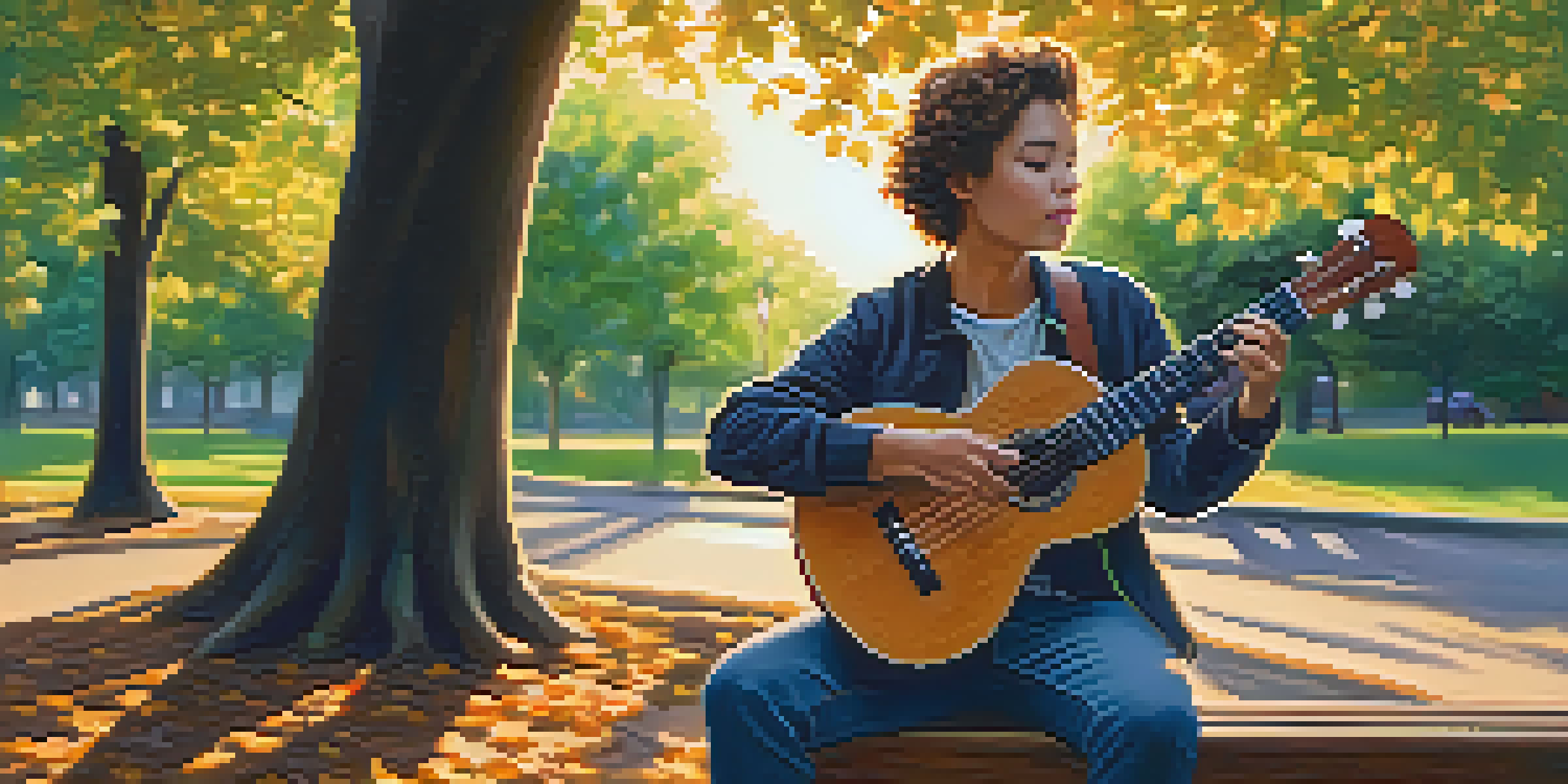 A person playing a ukulele on a park bench during sunset, surrounded by trees and leaves.