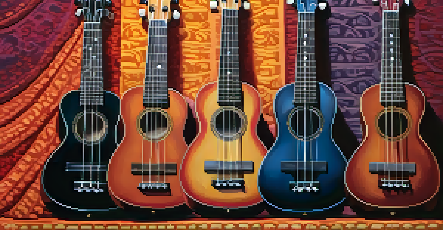 An artistic display of various ukulele sizes on a textured fabric background.