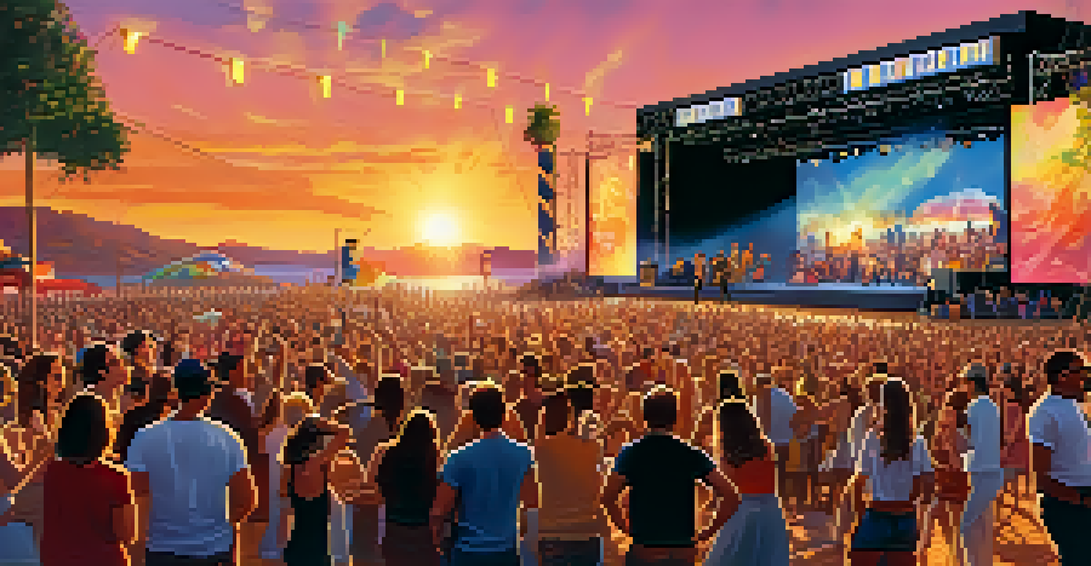 An outdoor music festival with bands performing on stage, an animated crowd dancing, and colorful lights against a sunset backdrop.