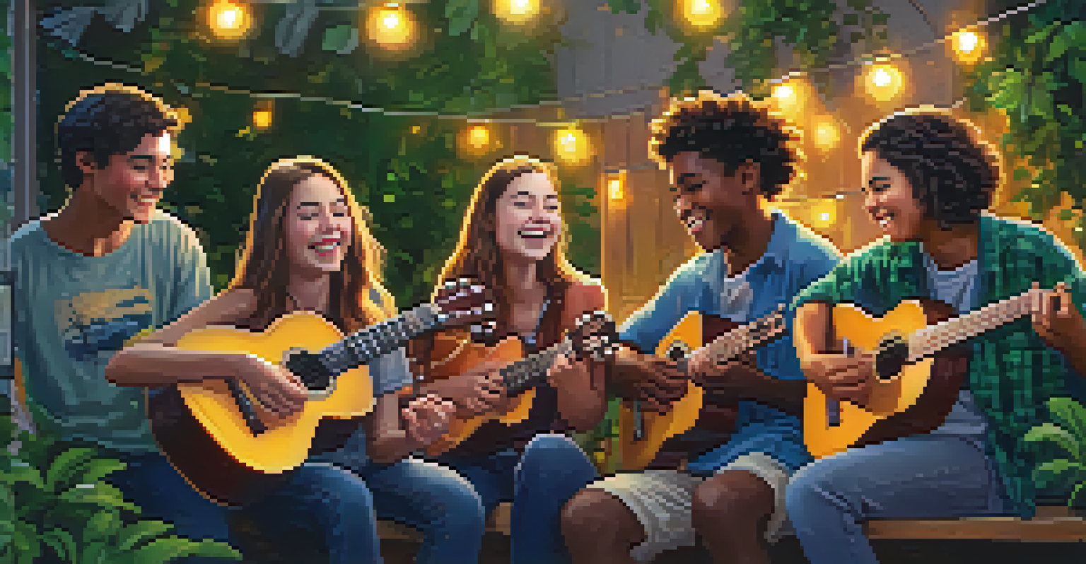Teenagers having a joyful backyard jam session, playing ukuleles and enjoying each other's company.