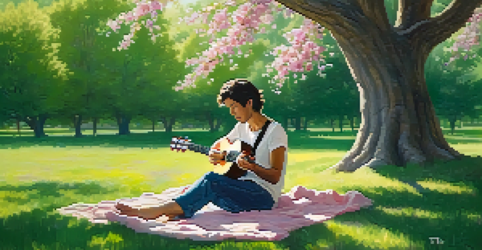 A musician playing a ukulele under a tree, surrounded by flowers in a serene outdoor setting.
