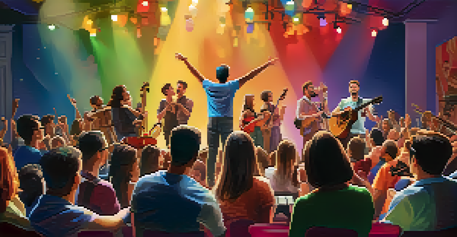 An interactive music game with a musician and engaged audience members guessing song chords, colorful props around.
