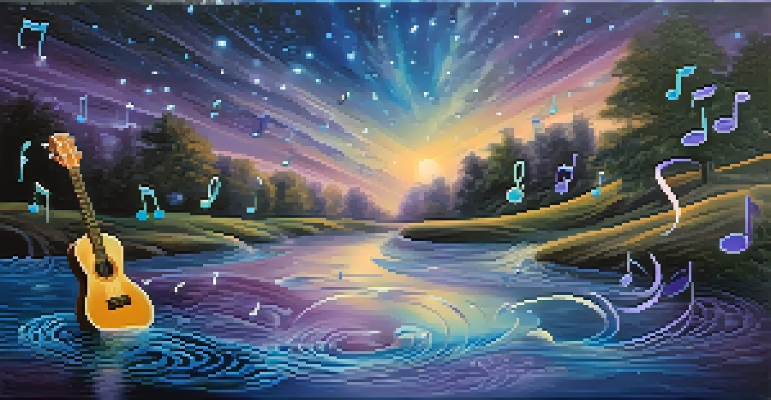An artistic depiction of musical notes flowing like a river with a ukulele floating above, set against a dreamy blue and purple background.