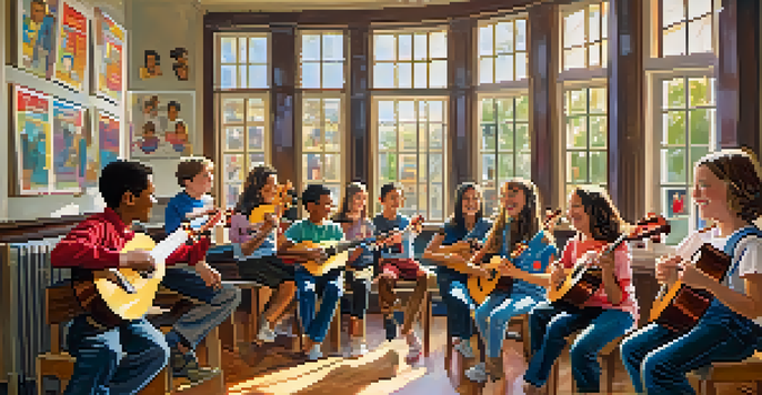 A lively classroom with middle school students playing ukuleles, colorful music posters on the walls, and sunlight streaming through the windows.