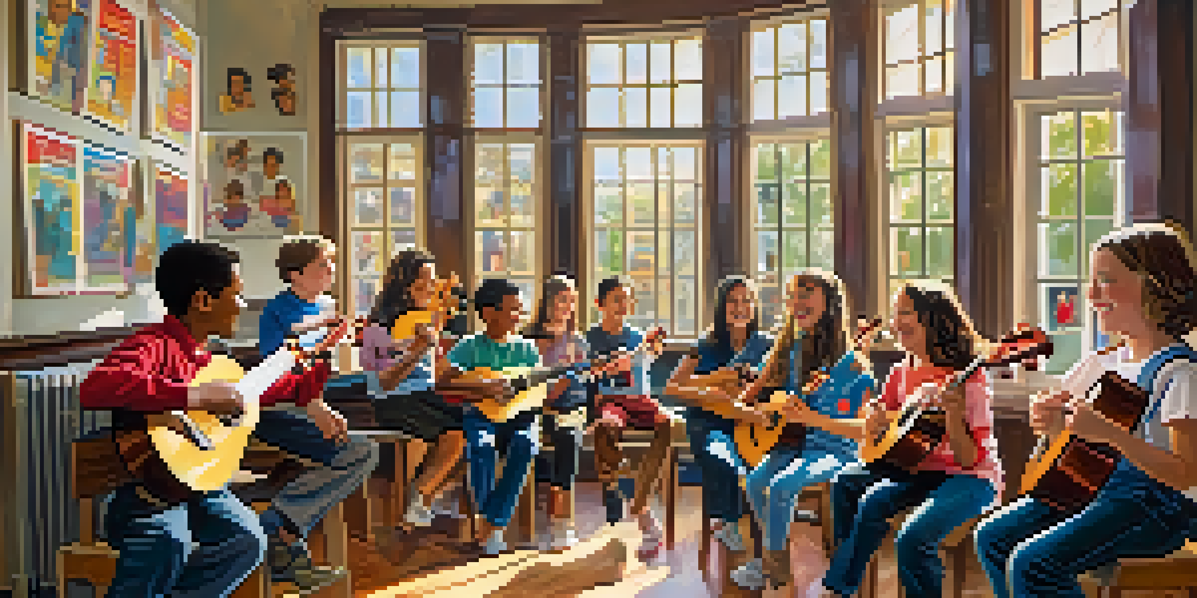 A lively classroom with middle school students playing ukuleles, colorful music posters on the walls, and sunlight streaming through the windows.
