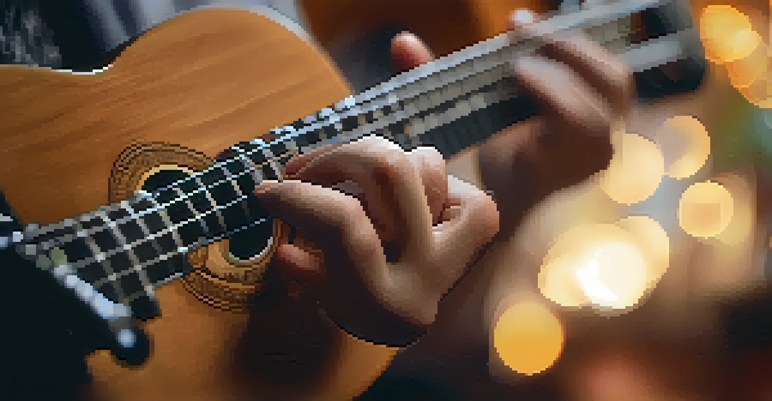 A musician's hands playing a ukulele with a capo on the fourth fret, highlighted in focus against a cozy indoor background with warm lighting.