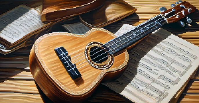 A ukulele sitting on a wooden table with scattered sheet music, illuminated by soft natural light.