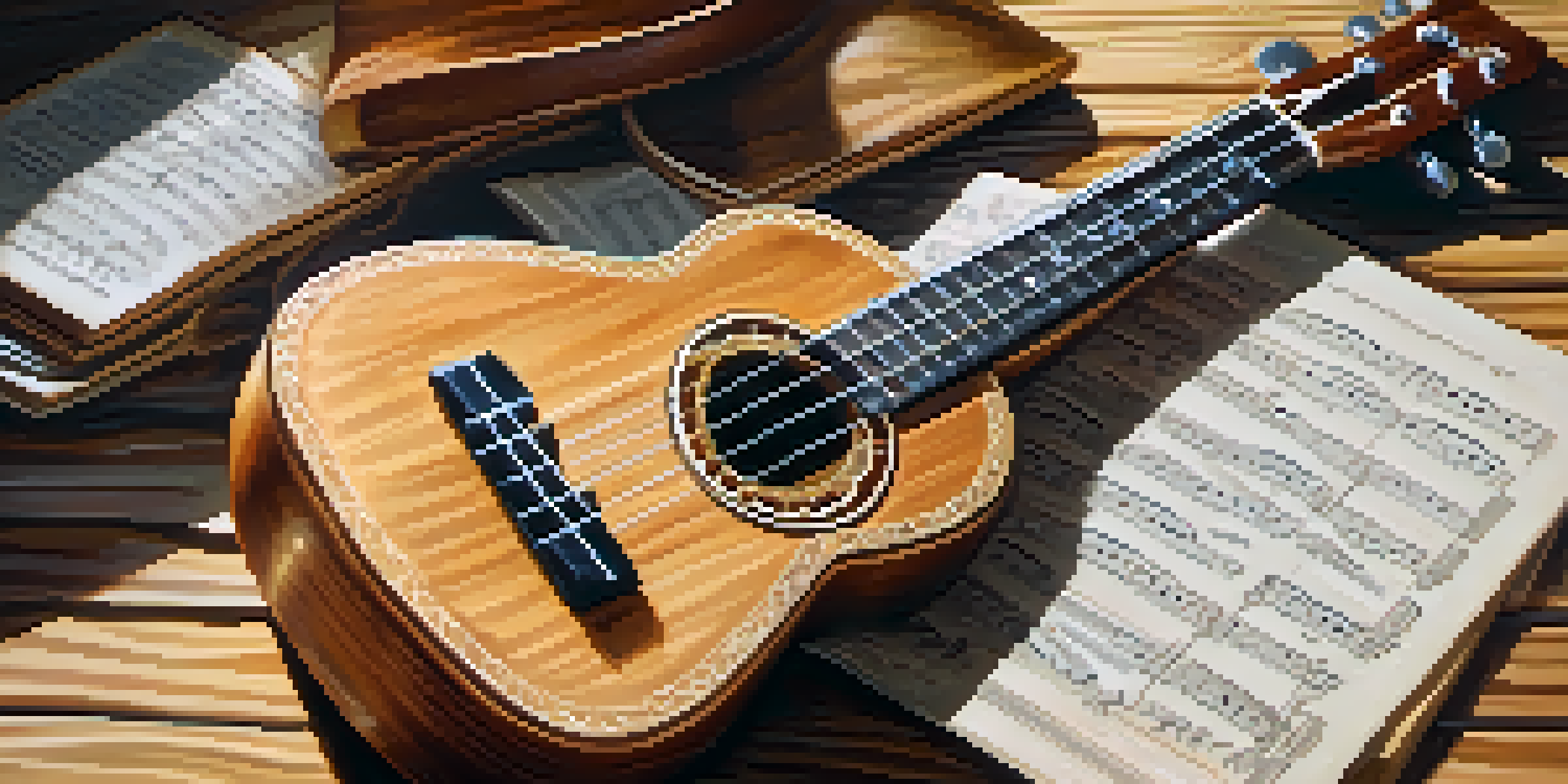 A ukulele sitting on a wooden table with scattered sheet music, illuminated by soft natural light.