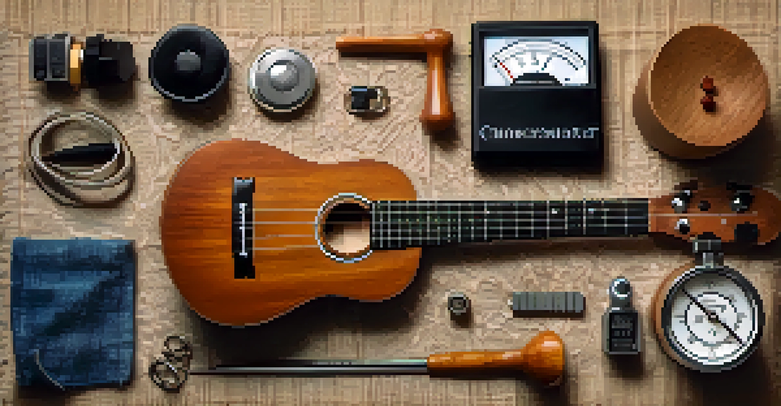 A flat lay arrangement of ukulele tuning tools like an electronic tuner, pitch pipe, and tuning fork on textured fabric, illuminated with soft lighting.