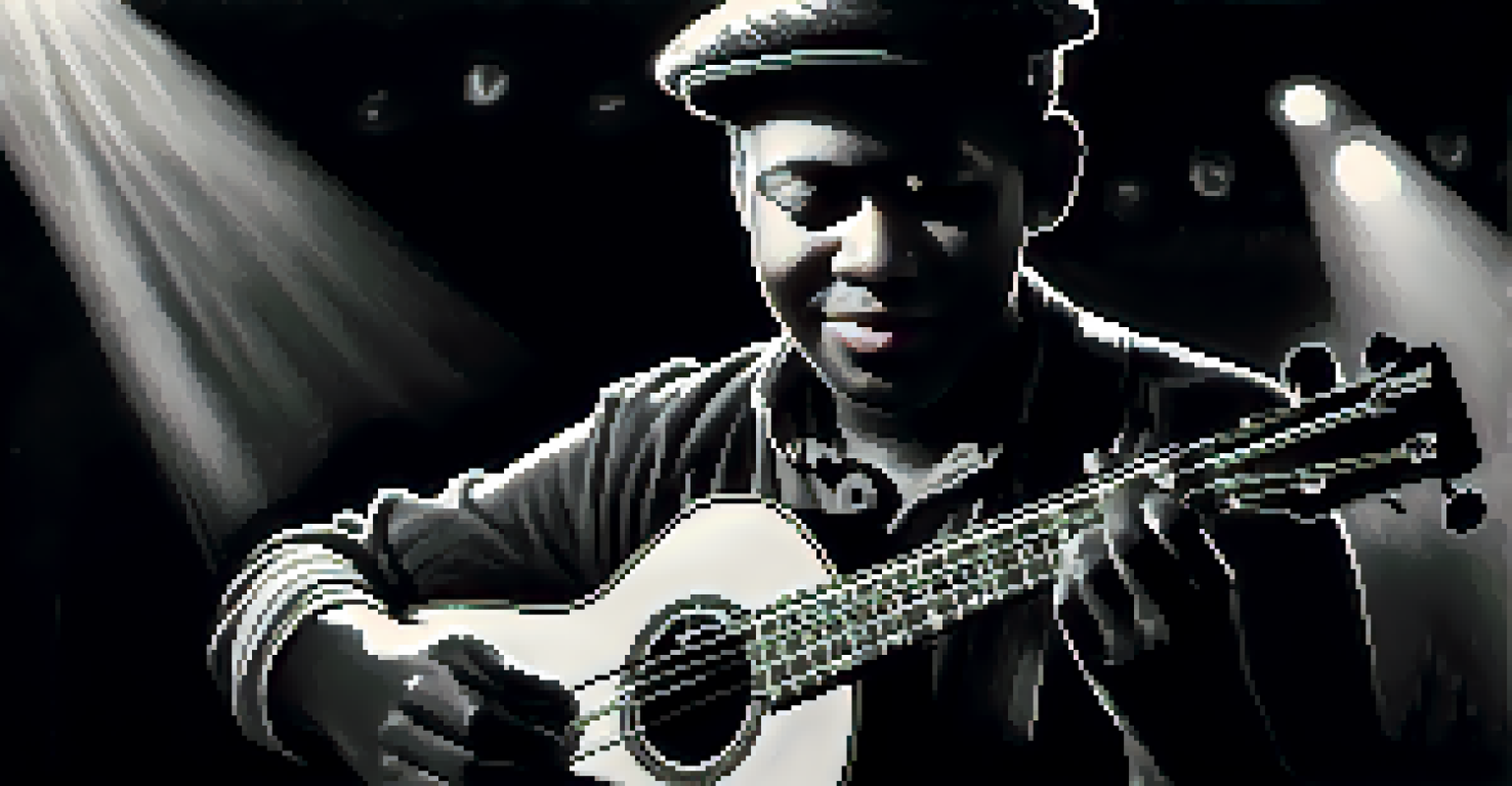 A passionate ukulele player performing on stage in black and white, with expressive facial features and hands.