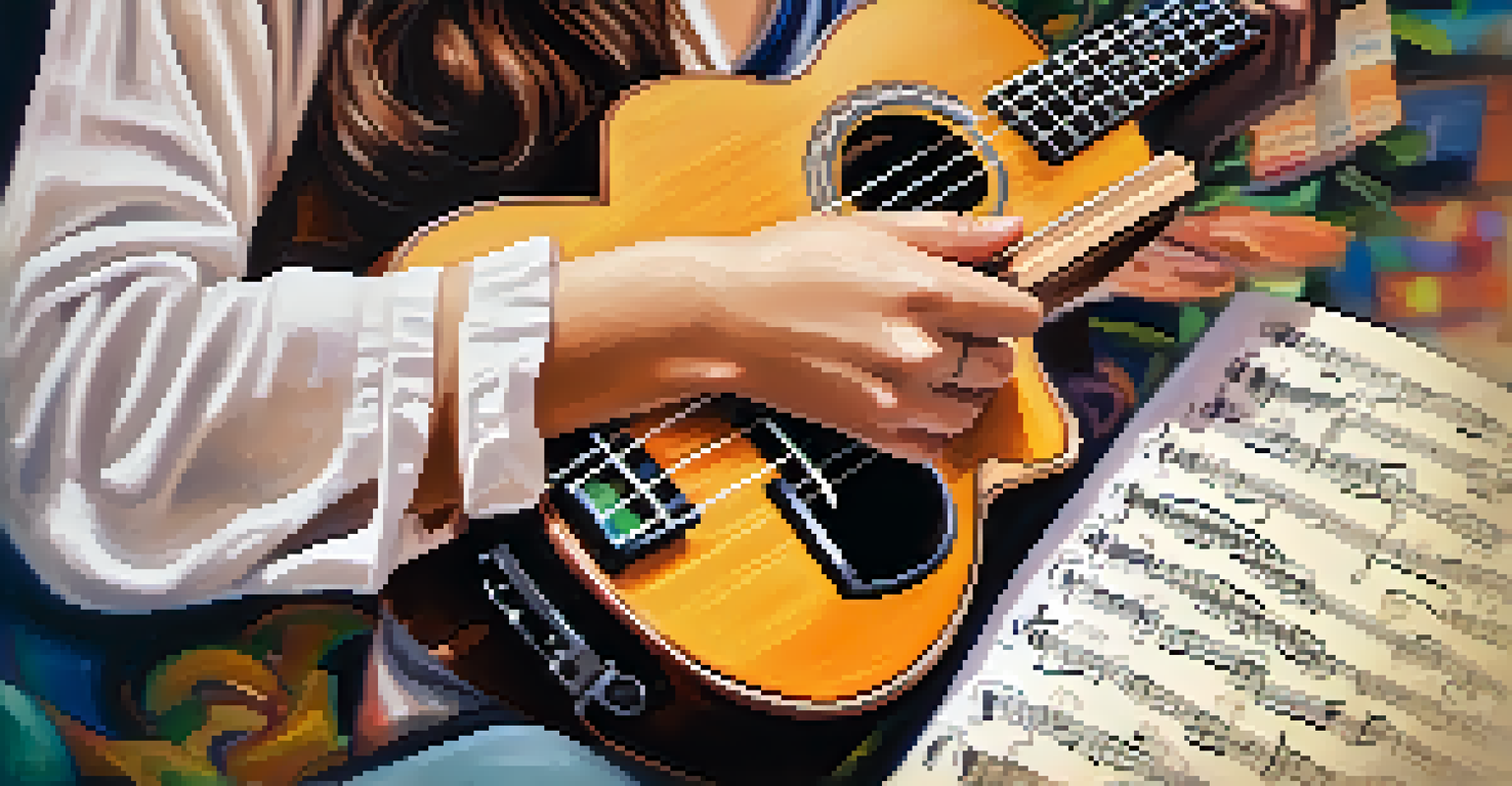 A close-up of hands strumming a ukulele, surrounded by floating chord diagrams and music notes in a creative music studio setting.