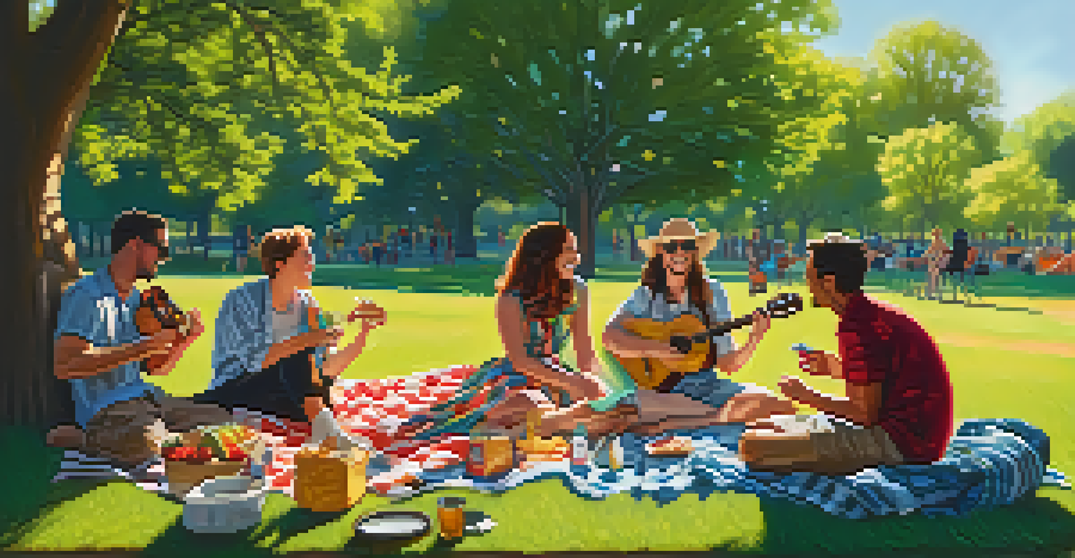 A group of friends in a park enjoying a picnic while one plays a concert ukulele.