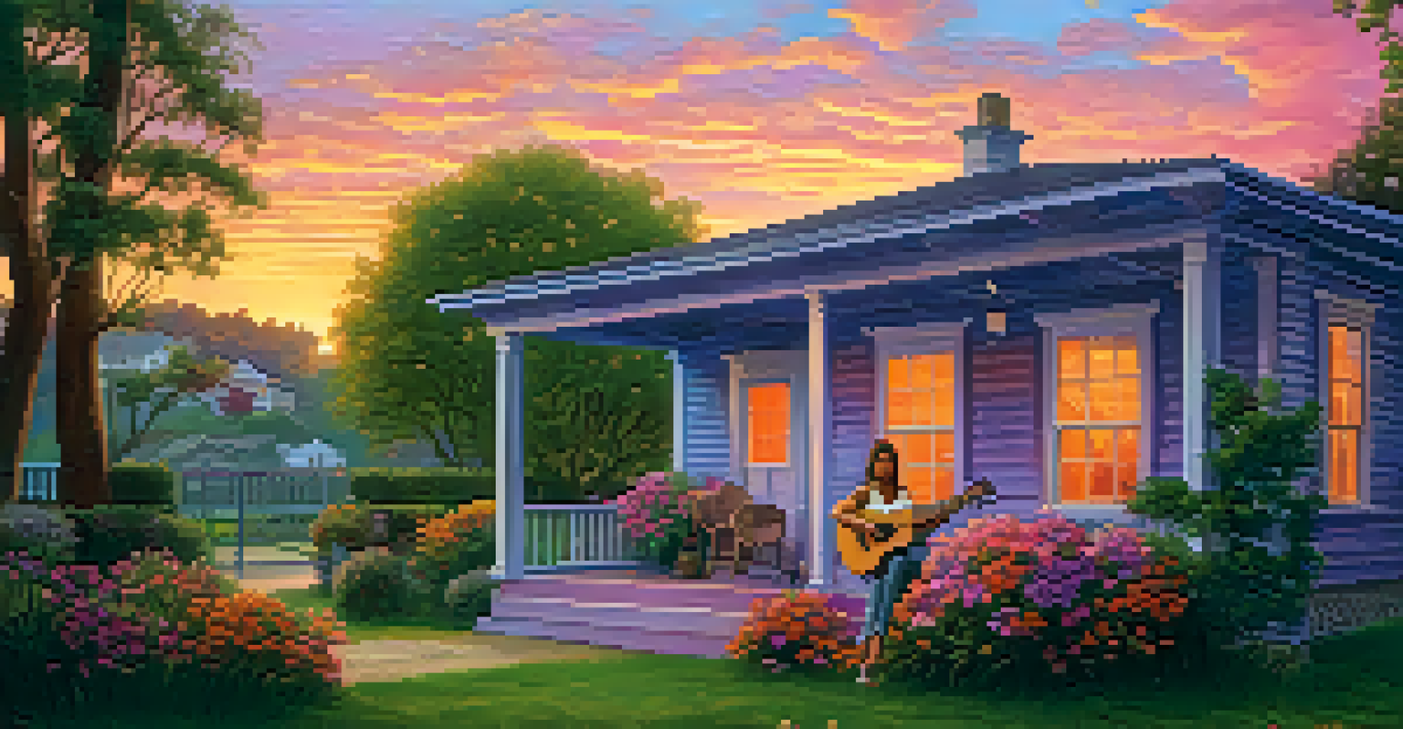 A person playing ukulele on a porch at sunset, with a colorful sky and blooming flowers in the garden.