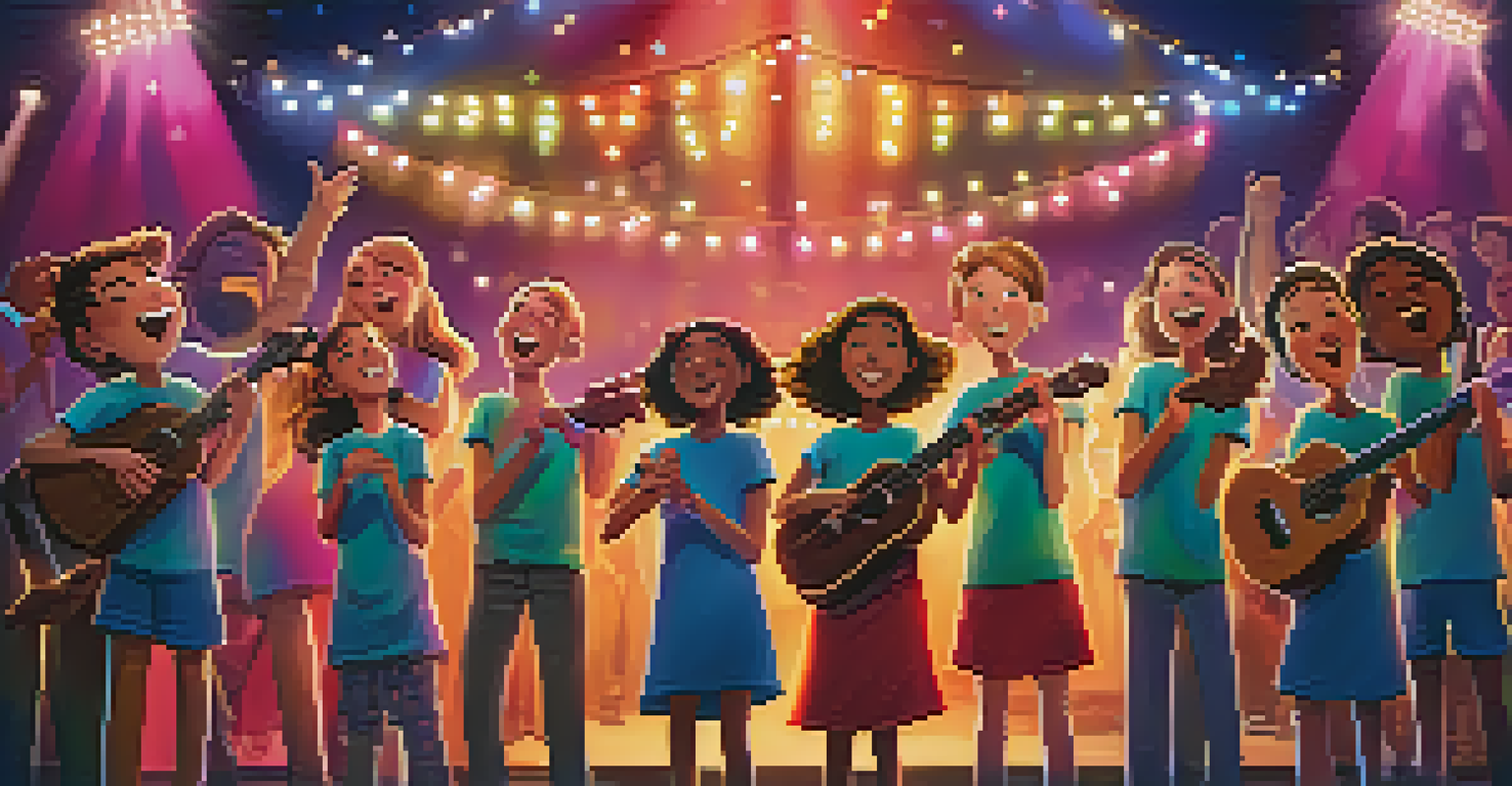 A youth ukulele ensemble performing on stage, with bright lights and an engaged audience, celebrating music and teamwork.