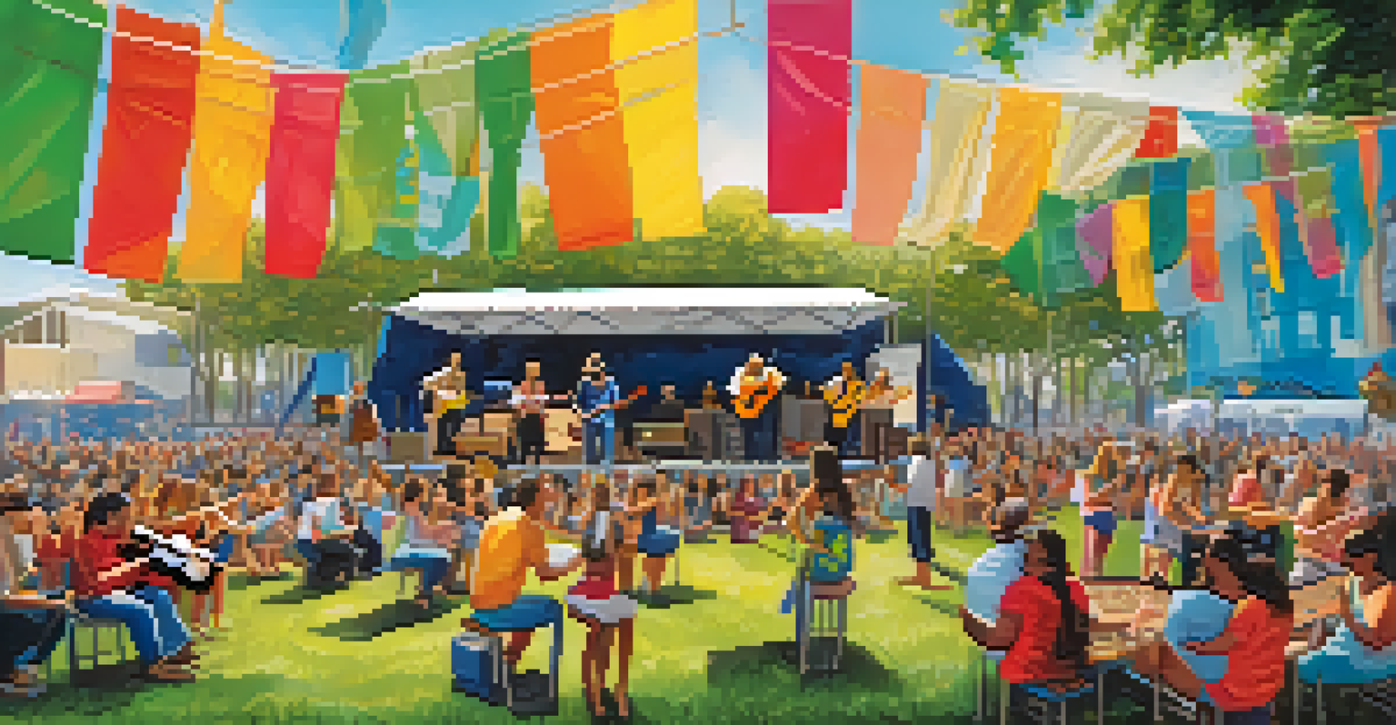 A lively outdoor event with musicians playing ukuleles and colorful banners promoting environmental awareness.