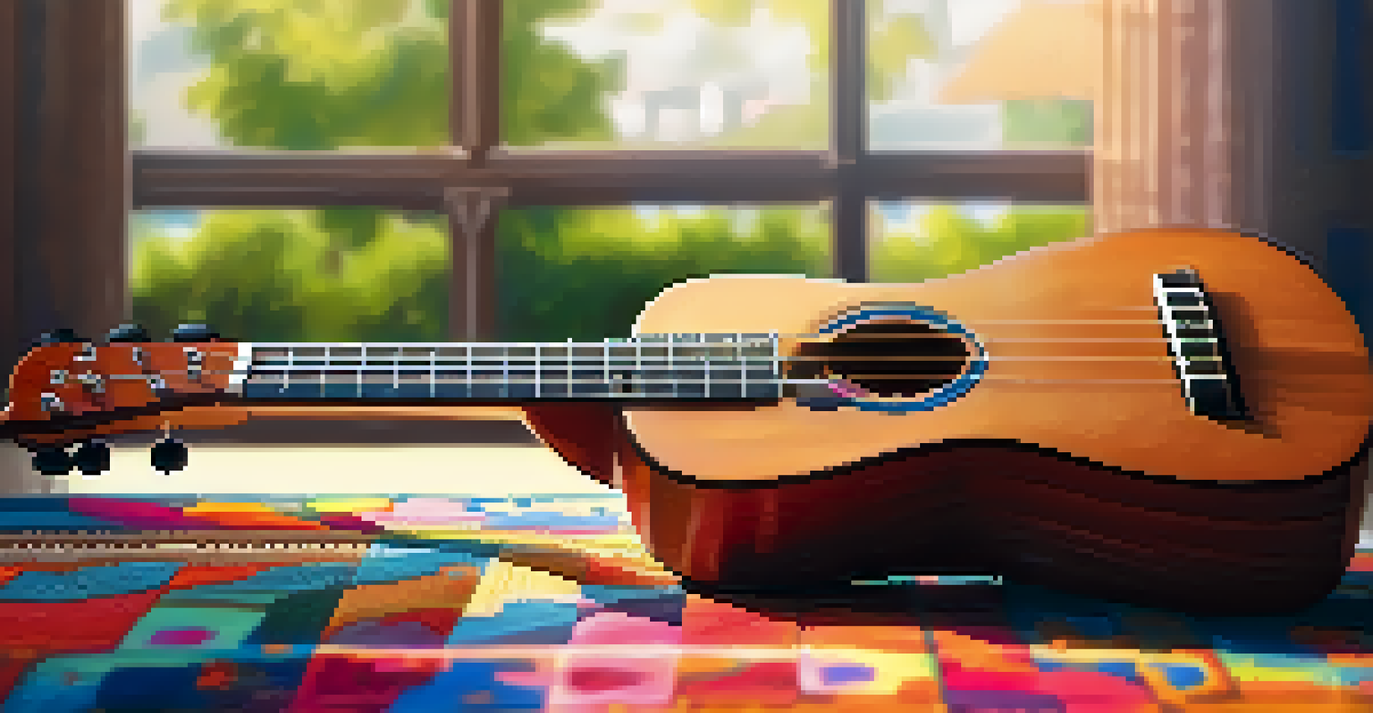 A close-up of a ukulele on a carpet with sunlight and colorful acoustic panels in the background.