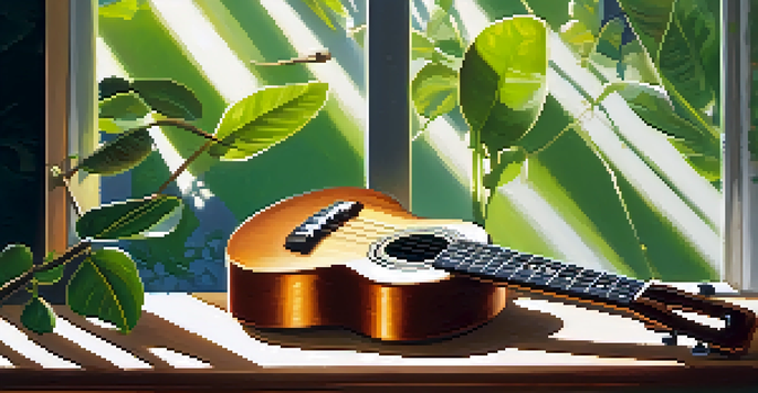A close-up of a ukulele on a wooden table with sunlight highlighting its surface, and a hand positioned to perform a hammer-on technique.
