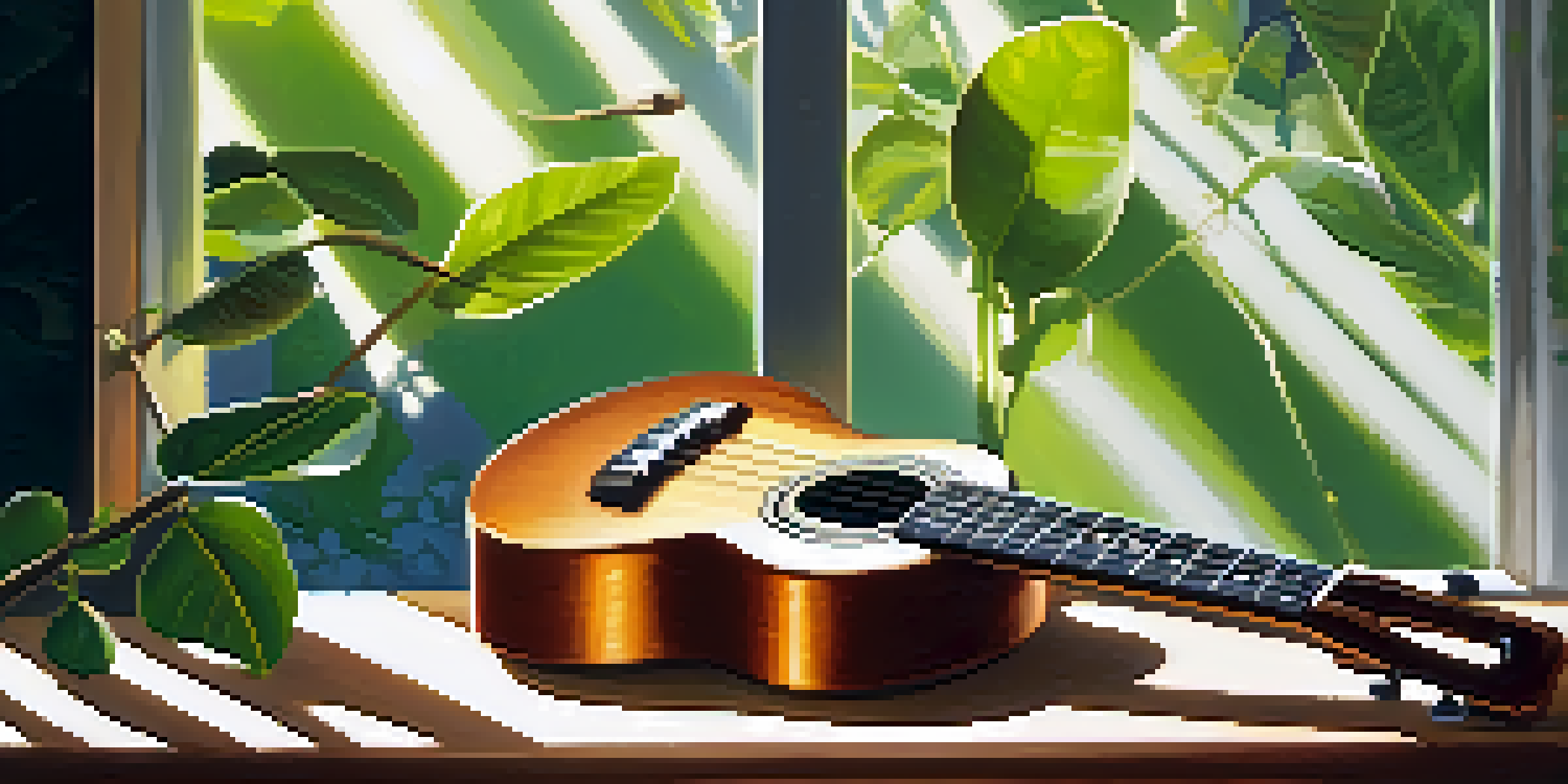 A close-up of a ukulele on a wooden table with sunlight highlighting its surface, and a hand positioned to perform a hammer-on technique.