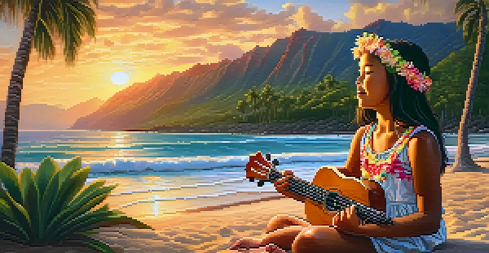 A young Hawaiian girl in traditional attire playing the ukulele on a beach at sunset.