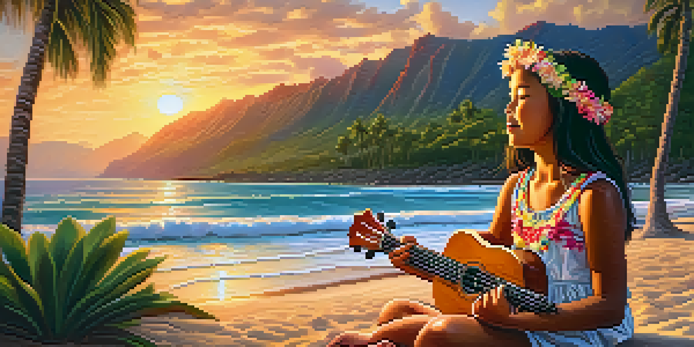 A young Hawaiian girl in traditional attire playing the ukulele on a beach at sunset.